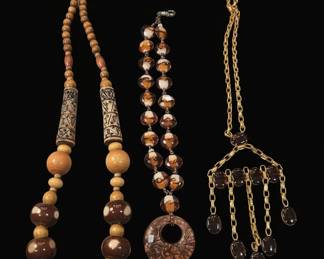 Vintage Costume Jewelry Necklace Trio Wooden Bohemian, AmberTone Glass, and GoldTone Fringe