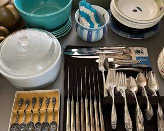 1847 Rogers Bros. “Daffodil” flatware set; stoneware; various cookware and dinnerware; Gero Zilvium spoon set.