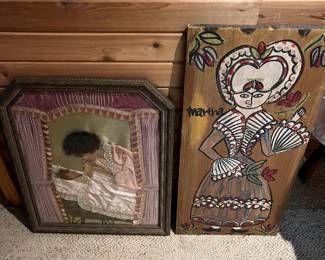 Framed Victorian-era memorial picture (left in photo); Vintage handpainted wooden folk art piece styled after Pennsylvania Dutch Fraktur.