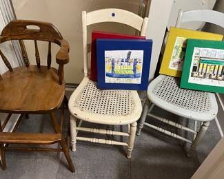 Vintage chairs, including this wooden highchair. Also lots of art to be sold.
