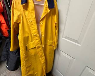 vintage yellow Talbots raincoat with a distinctive navy blue corduroy collar