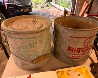 vintage galvanized Frabill's Min-O-Life floating minnow bait buckets used for fishing