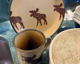 Monroe Salt Works handmade stoneware plate featuring a discontinued rustic moose design