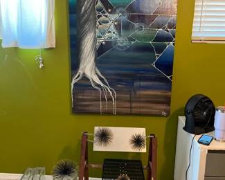 A Painting On Canvas Mounted Signed And Dated And Four 3D Sunburst Urchin Metal Pieces