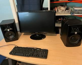 JBL Studio Monitor Speakers, Dell Keyboard And ViewSonic Monitor