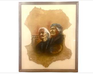 Native American Couple - Original Painting On Cowhide - Unsigned