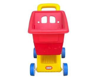 Little Tikes Red And Yellow Plastic Toy Shopping Cart With Blue Wheels