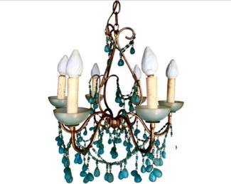 Gilt Toleware & Green Glass Six Light Chandelier
