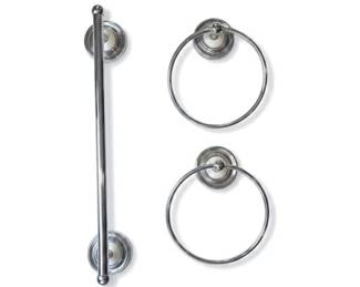 Towel Bar & Two Towel Rings - Polished Chrome & White Porcelain Details