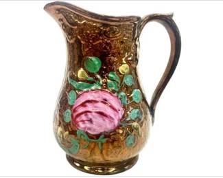 Allerton's Longton Earthenware Hand-Painted Copper Lustreware Water Pitcher Jug Made In England