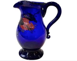 Cobalt Glass Creamer With Hand Painted Floral Design & Polished Pontil Mark On Base