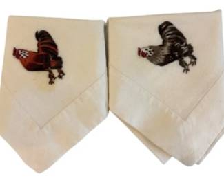 Pair Of Hen And Rooster Embroidered Dinner Napkins