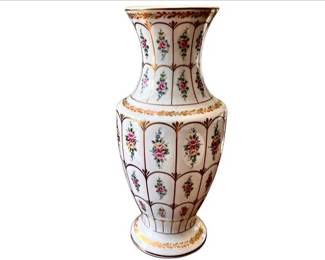 French Limoges Large Porcelain Baluster Vase - Gilt Lattice Panels, Floral Sprigs, & Foliate Detailing