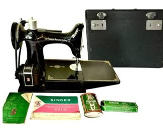 Vintage Singer Featherweight 221 Sewing Machine With Carrying Case And Attachments