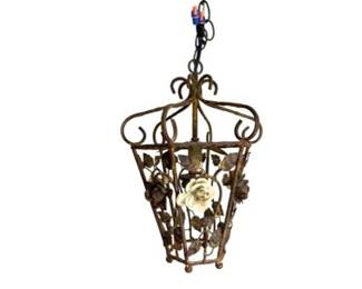 Vintage Hollywood Regency Metal Chandelier With Tole Flowers And 8 Ft Chain