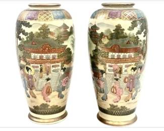 Pair Of Japanese Satsuma-Style Miniature Vases With Hand-Painted Figural And Scenic Designs