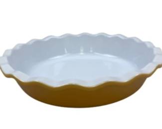 Emile Henry Yellow And White Ceramic Ruffled Pie Dish