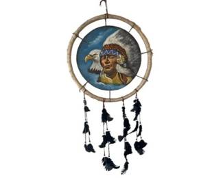 Vintage Native American Dream Catcher - Ornate Wooden Round Frame With Hanging Feathers