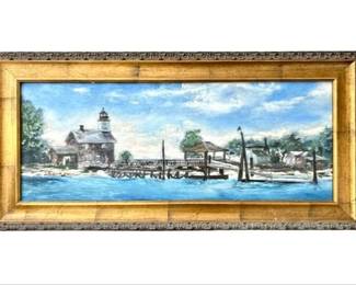 Original Oil Painting By Darien Artist Robert Johnson - Lighthouse At Beach