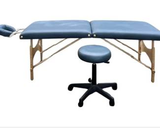 Oakworks Portable Massage Table With Blue Upholstery And Matching Stool