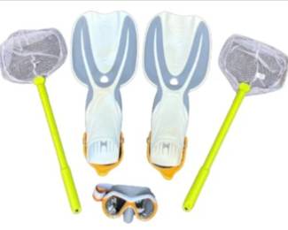 Oceanic Manta Ray Open Heel Snorkeling Fins, Goggles And Net