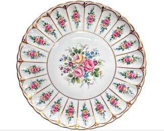 French Limoges Porcelain Scalloped Serving Plate - Gilt Lattice Panels, Floral Sprigs, & Foliate Detailing