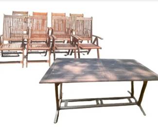 Teak Outdoor Expandable Table With 8 Teak Folding Chairs