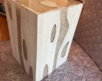Whitewashed Wood Block Side Table or Pedestal with Oval Cutouts