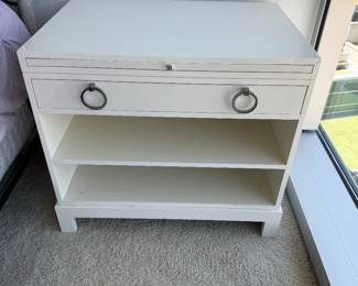 White Lacquered Nightstand with Ring Pulls and Open Shelves