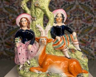 Staffordshire Pottery Figural Group with Two Children and Recumbent Deer