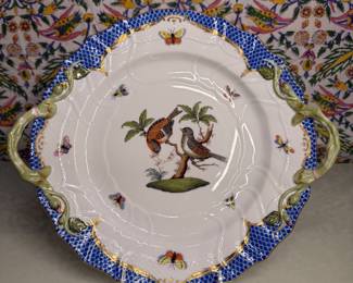 Hand-Painted Porcelain Two-Handled Cake Plate with Birds and Butterflies