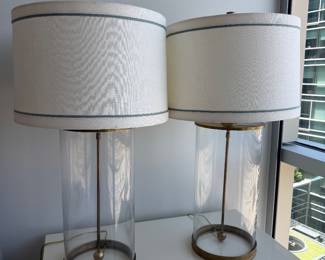 Pair of Glass Cylinder & Brass Table Lamps with Drum Shades