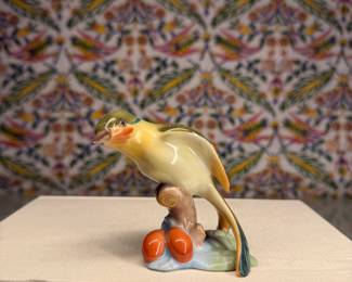 Herend Porcelain Bird Figurine on Branch with Berries