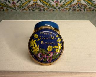 Halcyon Days Blue Enamel Pill Box with 'When I Count My Blessings' Inscription