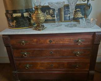 Antique 1880s Walnut and Marble Top Chest of Drawers 