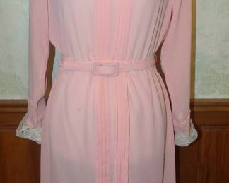 1980s Pink Poly Blend Dress with Lace Trim