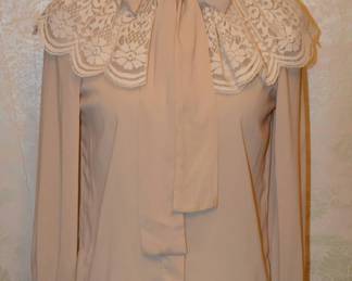 1980s Silk Blend Bohemian Lace Collar Pussy Bow Blouse