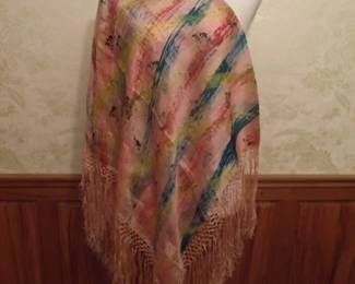 Vintage Hand Painted Silk Pareo Fringe Scarf