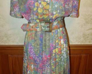 1980s Impressionist Floral Print Princess Diana Style Dress