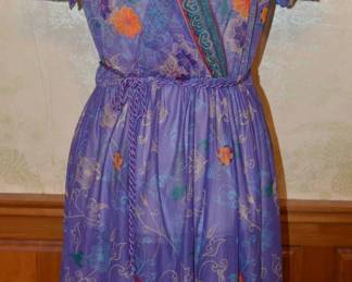 1980s Semi Sheer Purple Print Faux Wrap Dress
