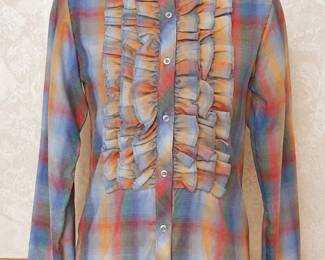 1980s Ruffle Front Cheryl Tiegs Plaid Blouse