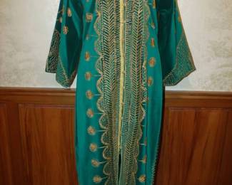 1980s Green and Gold Silk Moroccan Caftan with Shoes