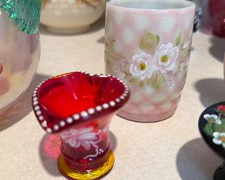 Fenton Ruby to amber glass with white painted florals and dots