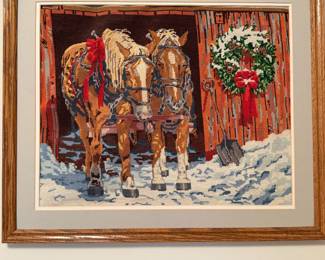 Vintage petitie point needlework Christmas horse scene large