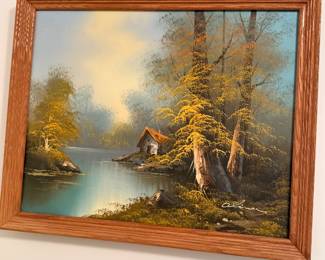 vintage oil on canvas cottage by the river