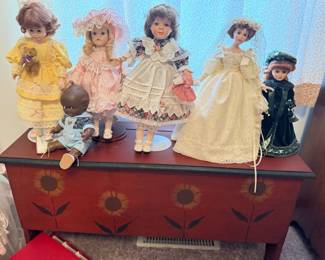 hand painted little cedar chest plus some cute little dolls