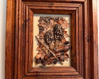 3D vintage woodland mushrooms sculpture in solid wood frame