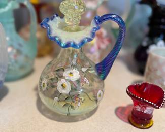 Antique Fenton with irodized finish hand painted florals 