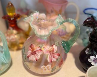 Vtg Fenton signature pitcher champagne satin and hand painted floral