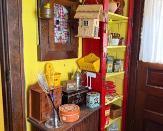ANTIQUE CABINETS, TINS AND MORE COLLECTIBLES